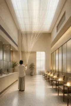 Anonymous worker holding luminous threads beneath a translucent ceiling grid in a serene civic hall, symbolizing invisible digital labor.