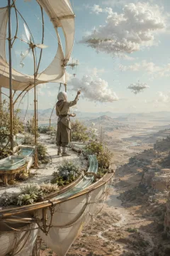 An anonymous atmospheric engineer collects glowing rain seeds from cloud blossoms on a floating garden above a dry valley.