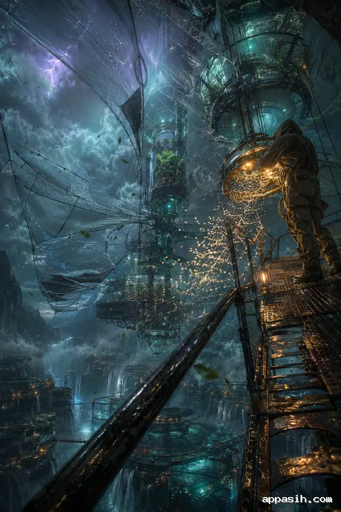 An atmospheric engineer releases glowing rain seeds from a vast airborne sanctuary during a violent storm above a flooded canyon city.