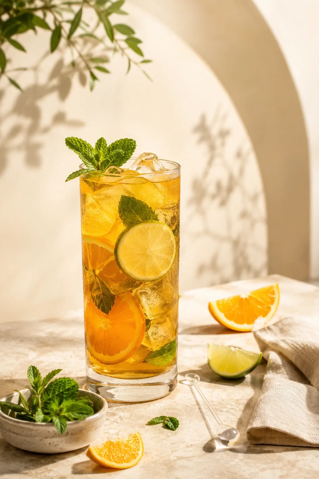 Elegant glass of amber citrus herb tea with ice, mint, fresh fruit slices, and condensation on a pale limestone table.