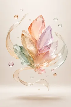 Portrait abstract artwork with translucent mineral petals, curved glass ribbons, and floating droplets in soft pastel colors against an ivory background.
