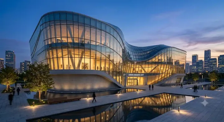 Premium futuristic glass museum architecture at blue hour with glowing lights and modern urban plaza