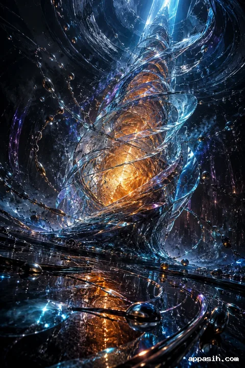 Cinematic portrait abstract scene of monumental crystalline membranes spiraling through a dark reflective chamber with amber, cyan, and violet storm lighting.
