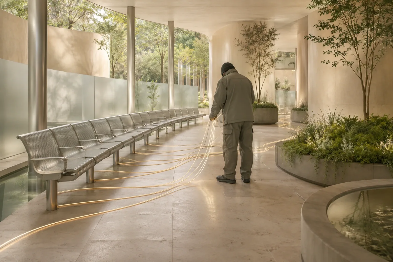 Anonymous worker arranging luminous queue-like pathways beneath empty benches in a serene civic garden pavilion.