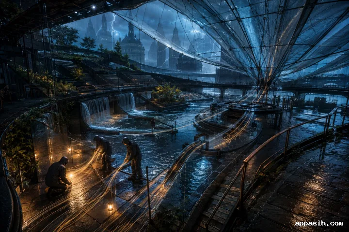 Three anonymous workers guide glowing queue strands across a flooded multilevel civic conservatory during a dramatic blue-hour thunderstorm.
