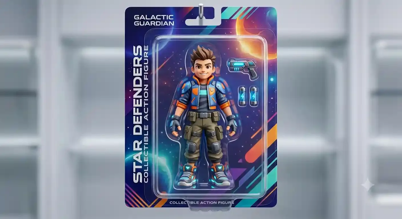 Original collectible hero action figure character in premium toy packaging with cinematic studio lighting