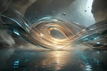 Translucent glass ribbons flowing above reflective water inside a serene abstract tidal chamber with amber and cyan illumination.