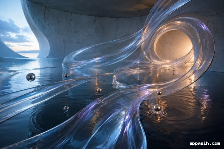 Layered translucent glass ribbons sweep through a reflective tidal chamber at blue hour, glowing with amber, cyan, violet, and silver light.