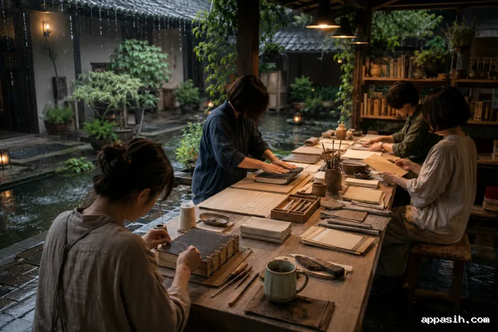 A cinematic view of four anonymous adults repairing worn books at a warmly lit wooden table in a rain-washed garden courtyard.