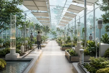 Futuristic microclimate conservatory with planted zones, sensor poles, transparent glowing data columns, responsive ceiling panels, and anonymous technicians.