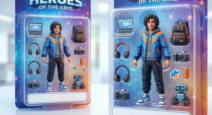 Premium viral-style collectible hero action figure character in transparent toy packaging with accessories