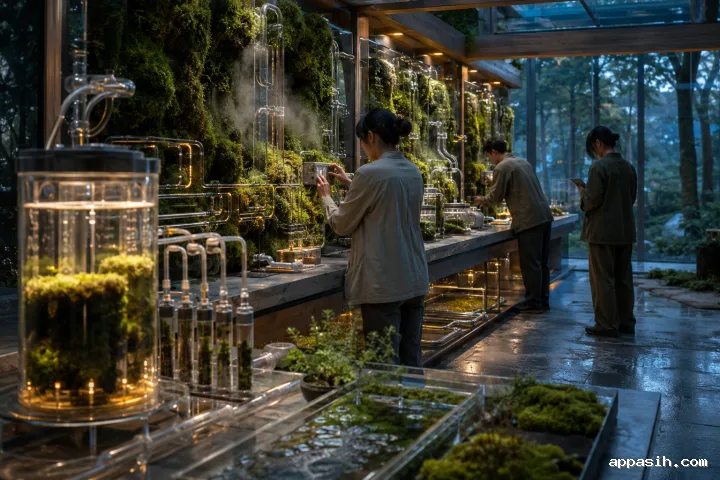 Cinematic three-quarter landscape view of a moss-based biocomputing observatory with glowing fluidic circuits, glass reservoirs, environmental sensors, shallow water trays, and anonymous technicians at early evening.