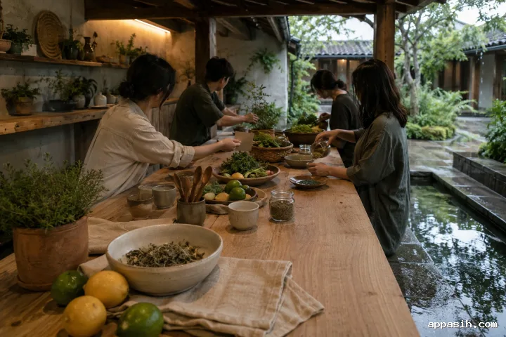 A cinematic elevated view of four anonymous adults sharing herbs, produce, and unmarked recipe cards around a wooden table in a rain-damp garden courtyard.