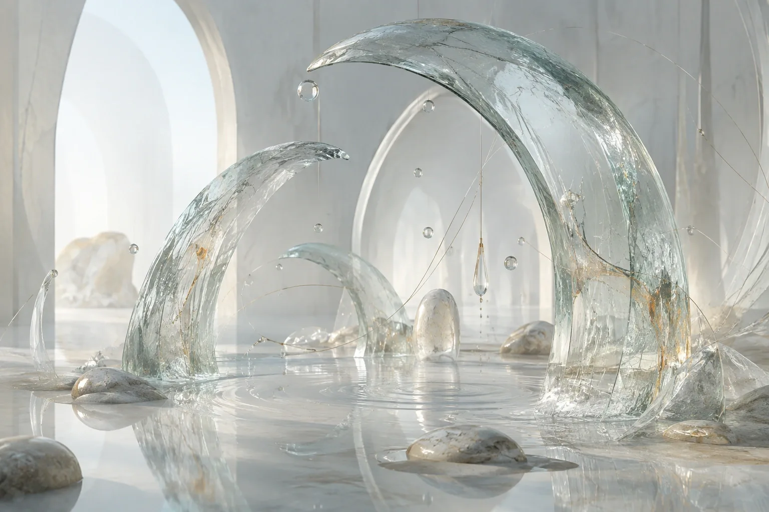 Translucent mineral glass arcs rising above a reflective tidal surface with suspended droplets and soft luminous ripples.