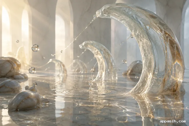 Elevated view of translucent tidal glass arcs with suspended droplets, mineral forms, luminous filaments, and circular ripples across a reflective surface.