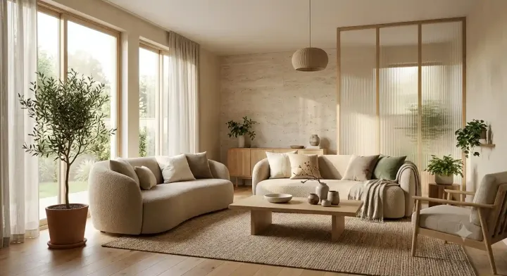 Premium warm Japandi living room interior with biophilic plants, curved furniture, natural textures, and soft sunlight