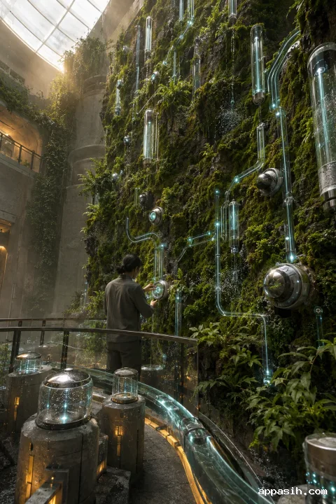 Elevated portrait view inside a tall bio-digital observatory where a technician calibrates a sensor beside a living moss wall threaded with transparent glowing circuits and moisture channels.