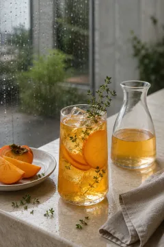 Tall glass of chilled golden persimmon tea with ice, fruit slices, and thyme on a pale stone counter beside a carafe in a rainlit tea atelier.