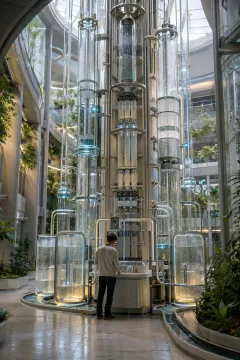 Anonymous technician inspecting a tall atmospheric water archive with transparent condensation chambers and climate sensors inside a modern research atrium.
