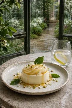 Pear and saffron panna cotta with poached pear slices, golden syrup, pistachio, and edible petals on a ceramic plate in a rainlit conservatory.