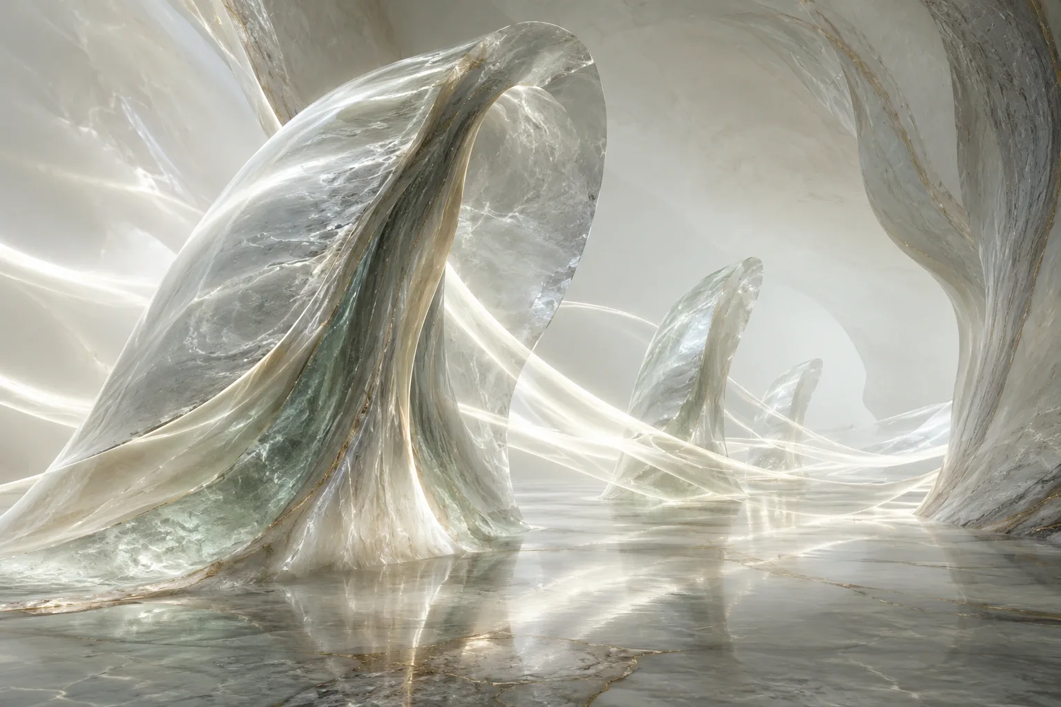 Landscape abstract chamber with translucent mineral folds guiding pale luminous ribbons across a shallow reflective surface.