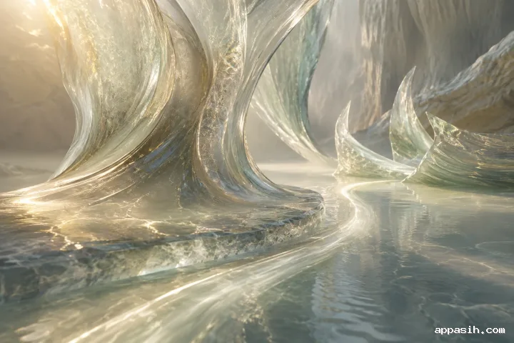 Elevated landscape view of translucent mineral folds carrying a luminous current through a misty reflective abstract chamber.