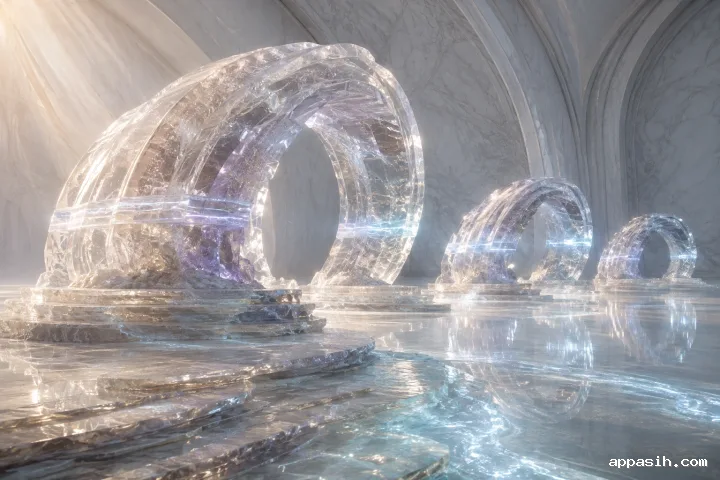 Elevated view of three translucent quartz arches with suspended luminous currents, crystalline layers, delicate mist, and soft reflections inside a pearl-gray abstract observatory.