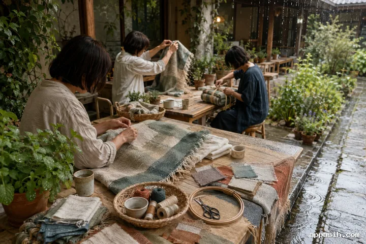 An elevated view of neighbors stitching, cleaning, rolling, and organizing reusable picnic blankets in a rain-fresh courtyard.