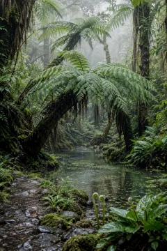 Giant bell-shaped tree ferns shelter a misty rain-fed nursery pool in a secluded cloud forest.