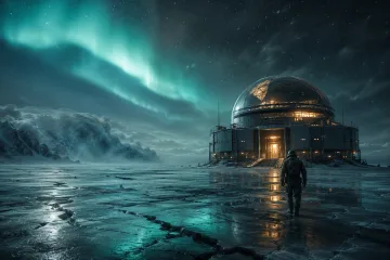 A lone lighthouse keeper approaches a glowing tower on a floating cliff above storm clouds and distant airships.