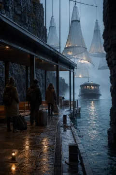Rain-soaked tidal ferry terminal between basalt cliffs with translucent hanging acoustic sails, anonymous travelers, and an approaching illuminated ferry in evening mist.