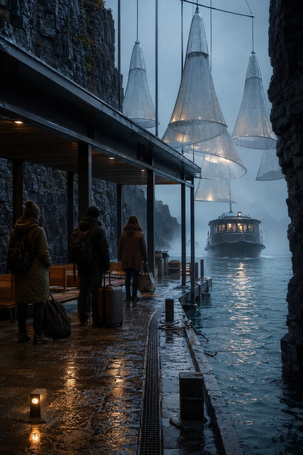 Rain-soaked tidal ferry terminal between basalt cliffs with translucent hanging acoustic sails, anonymous travelers, and an approaching illuminated ferry in evening mist.