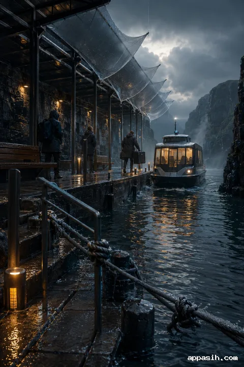 Elevated cinematic view of the same rain-soaked basalt ferry terminal with translucent acoustic sails, three anonymous travelers, and a silent ferry arriving through blue-gray evening mist.