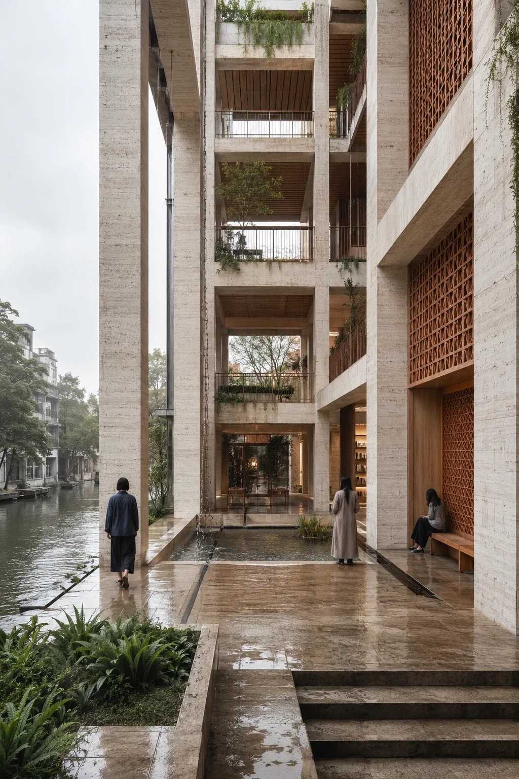 Portrait architectural visualization of a community archive tower with stacked stone galleries, terracotta screens, planted terraces, a rain courtyard, and a calm canal after rainfall.