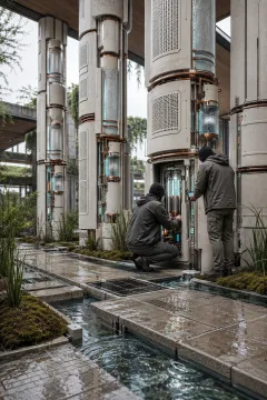 Portrait view of a rain-cooled research atrium with tall ceramic computing columns, glowing processor cores, water channels, moss beds, and two anonymous technicians.