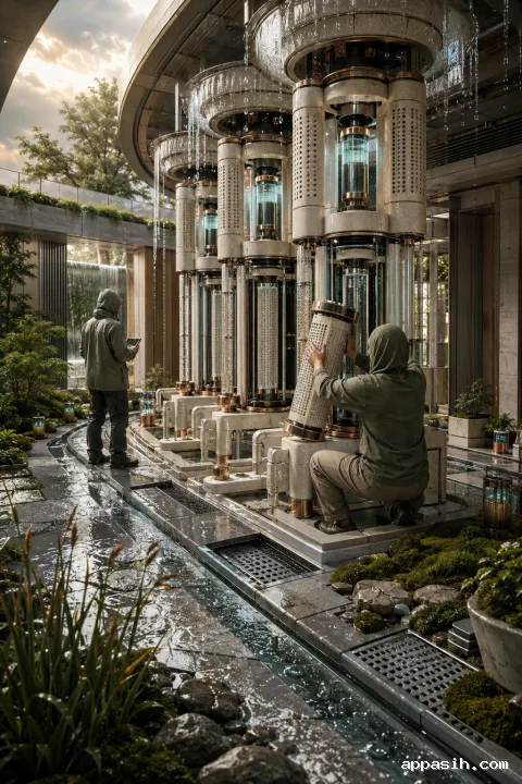 Elevated portrait view of a rainvault quantum cooling atrium with glowing ceramic processor towers, reflective water channels, moss beds, condensation droplets, and two anonymous technicians.
