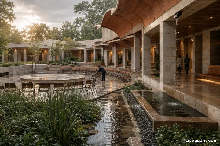 Elevated three-quarter view of a rain-washed civic music courtyard with terracotta acoustic canopies, pale limestone galleries, a circular performance platform, planted rain gardens, and reflective water channels.