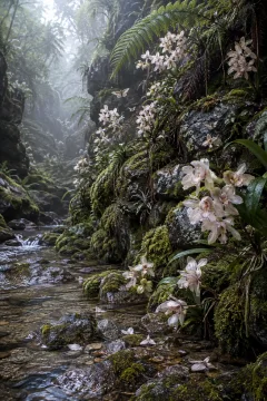 Misty woodland ravine with pale wild orchids growing across mossy stone terraces beside a clear spring and small hovering moths.