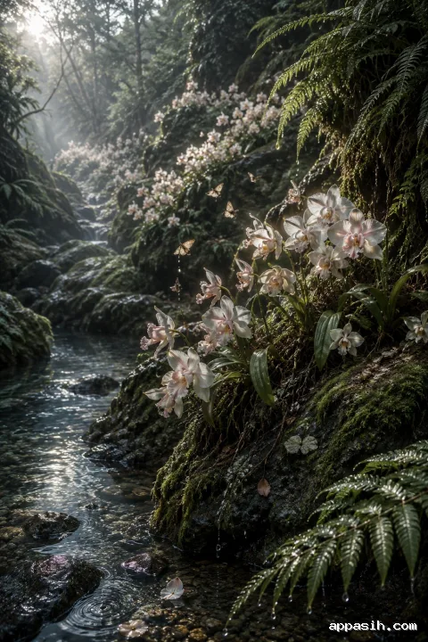 Elevated view of a misty orchid ravine with pale flowers, mossy terraces, clear spring water, drifting droplets, and small moths rising in soft late-afternoon light.