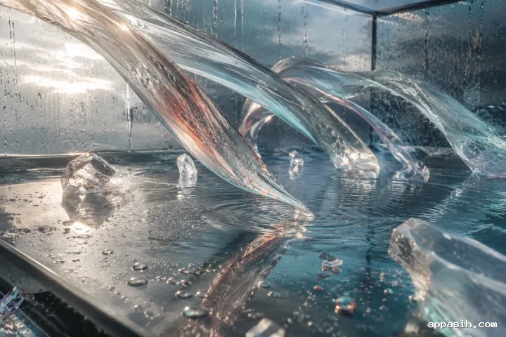 Elevated three-quarter view of translucent mineral ribbons flowing through a rainlit glass chamber above rippling reflective water with refined silver, cyan, champagne, and coral refractions.