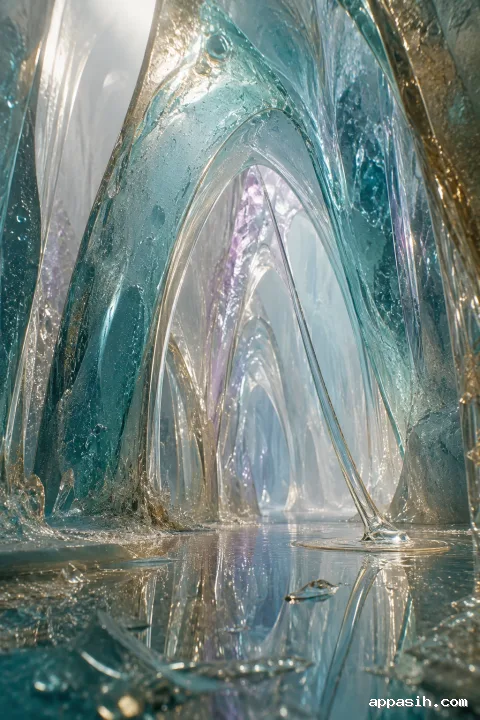 Elevated portrait view of translucent resin tides forming layered mineral arches with delicate ripples and pearlescent refractions.