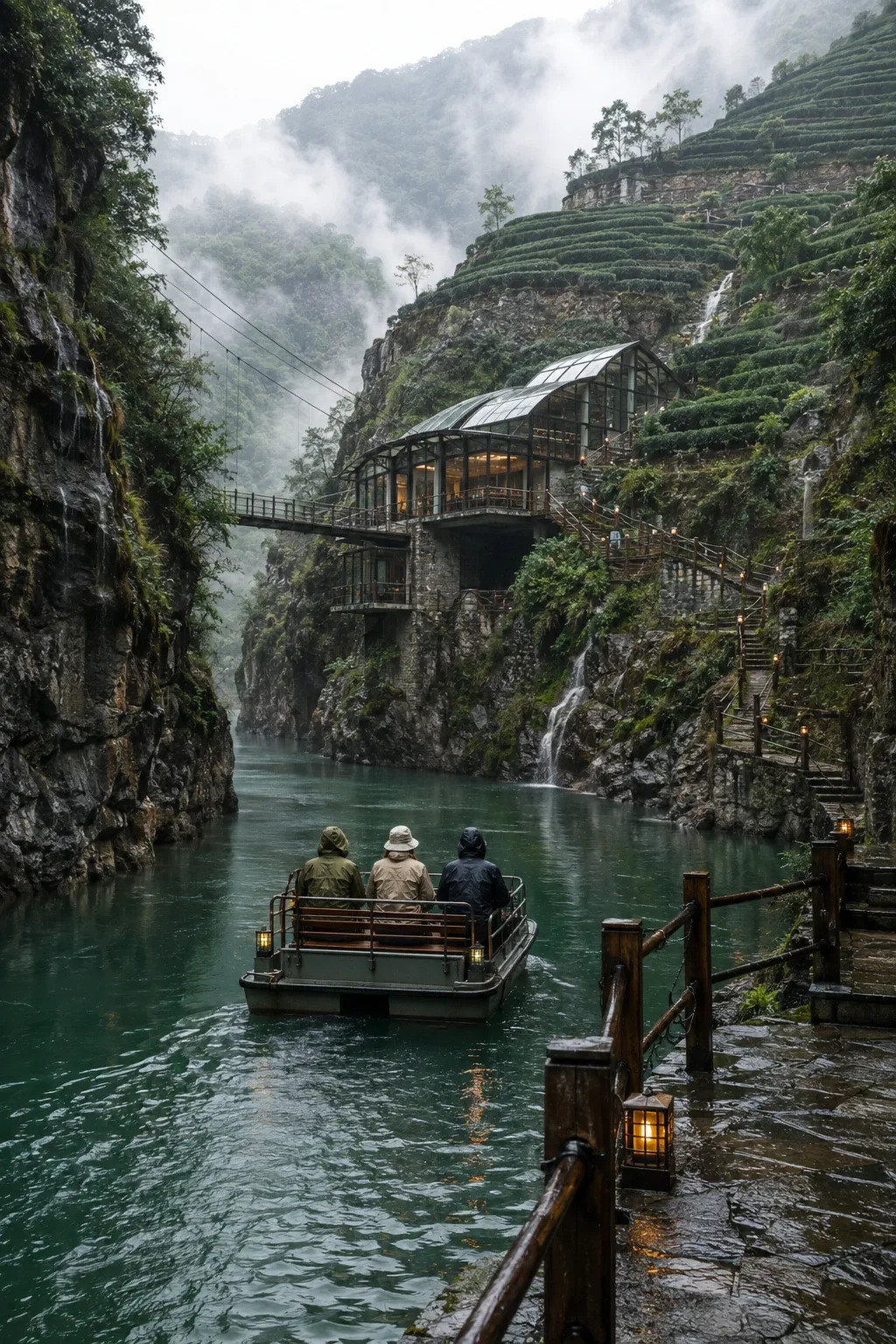 Portrait travel scene of a small passenger ferry crossing a misty emerald mountain gorge toward tea terraces and a glass-roofed cliff station.