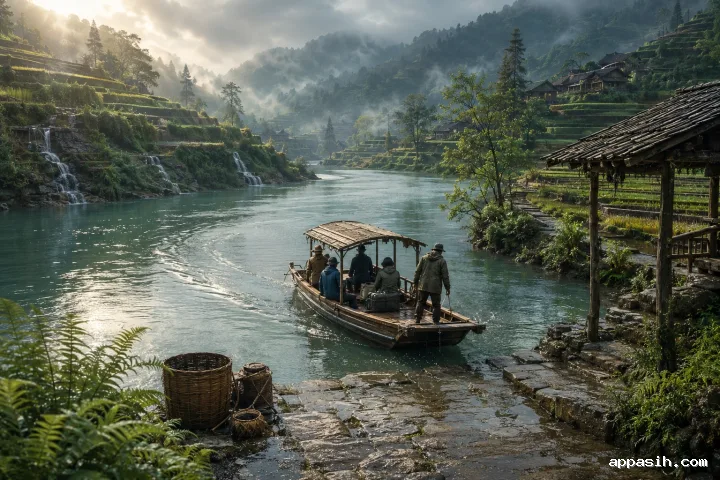 Elevated view of a wooden passenger ferry approaching a rain-wet stone landing beside misty green highland terraces.