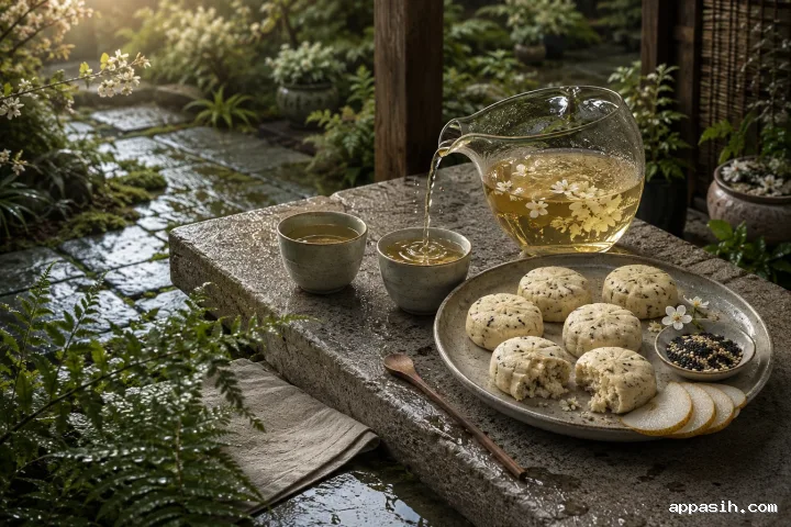 Elevated garden tea scene with pear blossom infusion being poured beside sesame cloud cakes, fresh pear slices, ceramic tableware, and rain-wet botanical details.