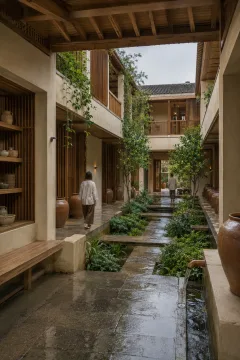 Portrait architectural view into a rain-cooled community fermentation library with pale plaster walls, timber galleries, ceramic vessels, edible planting, and two anonymous visitors.