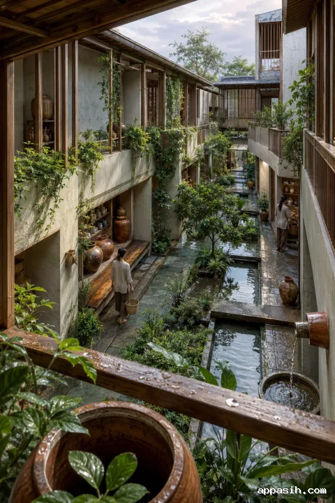 Elevated portrait view across the rain-cooled courtyard of a contemporary community fermentation library with timber galleries, terracotta vessels, edible planting, reflective water channels, and two anonymous visitors.