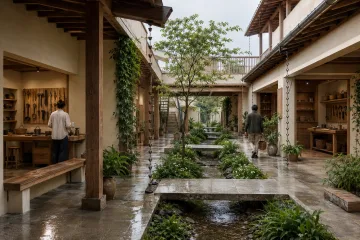 Contemporary neighborhood tool library surrounding a planted rain courtyard with timber galleries, workshop bays, wet stone paving, and two anonymous visitors.