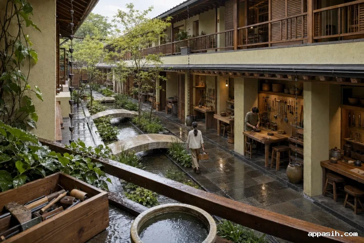 Elevated view across the Rainharbor neighborhood repair arcade showing wet timber galleries, planted drainage channel, stone bridges, repair work bays, and anonymous residents during soft late-afternoon light.