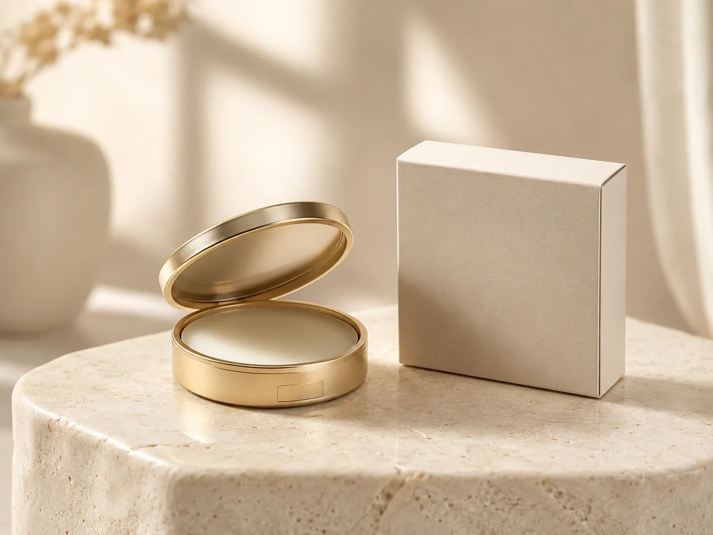 Blank matte metal travel candle with its lid and matching unprinted gift box displayed on a warm stone pedestal.
