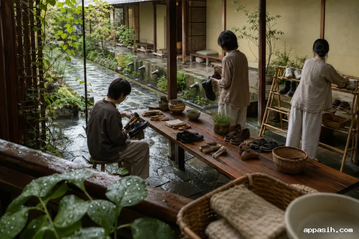 Elevated view of three neighbors caring for shoes around a wooden worktable in a rain-sheltered courtyard, with wet timber, greenery, ceramic tools, a drying rack, and soft late-afternoon reflections.